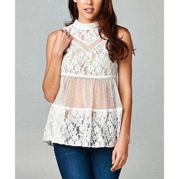 Free People White Vintage Inspired Sheer Floral Lace Mock Neck Casual Boho Top - Picture 12 of 16
